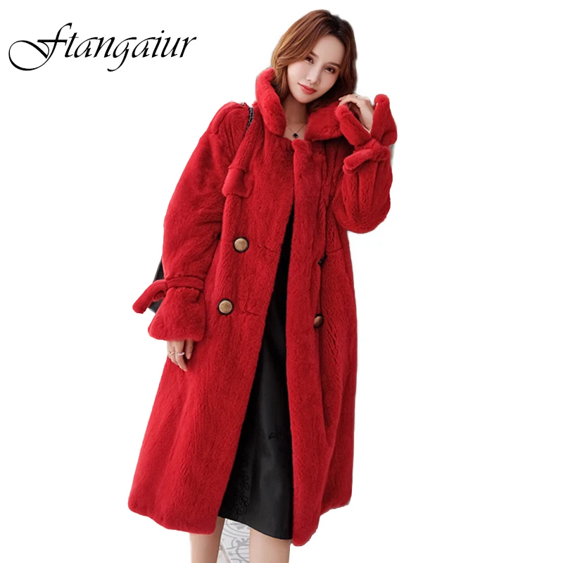 Ftangaiur New Winter Import Velvet Mink Fur Coat For Femal With Sashes Red Natural Fur Coats Women X-Long Real Mink Fur Coats