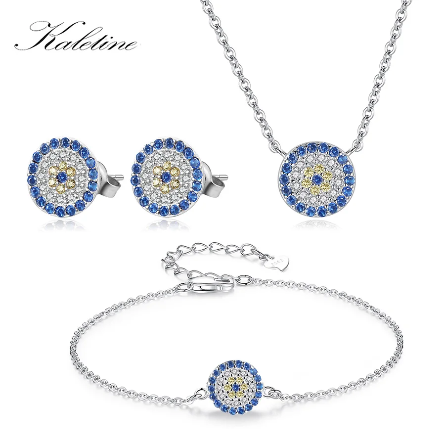 KALETINE Bridal Jewelry Sets 925 Sterling Silver Necklace Women Earrings Bracelet Blue Zircon Turkey Round Evil Eye Jewelry Set