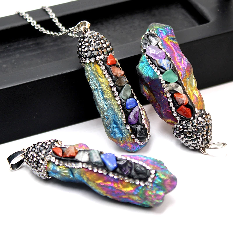 1PC Natural 7 Chakra Healing Crystal Energy Balance White Color Inlaid Zircon Stones Pendant For Men Women Jewelry Necklace