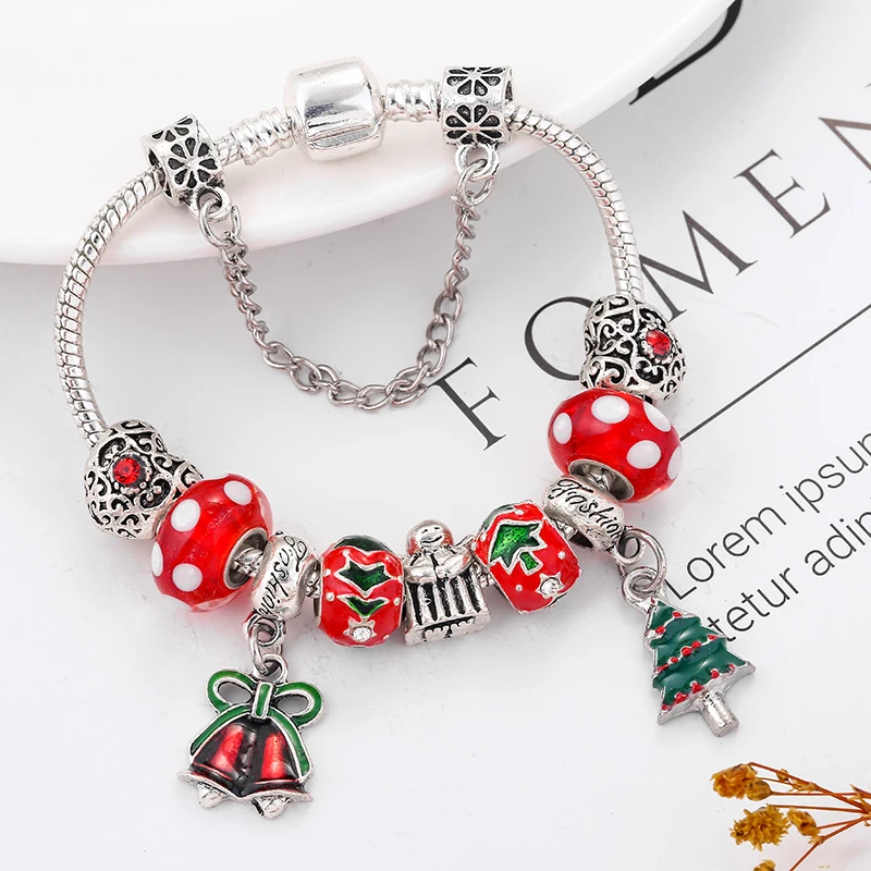 19 Styles Christmas Tree & Bell Pendant Charm Bracelet Silver Color Bracelet For Women Kids DIY Handmade Xmas Jewelry Gift