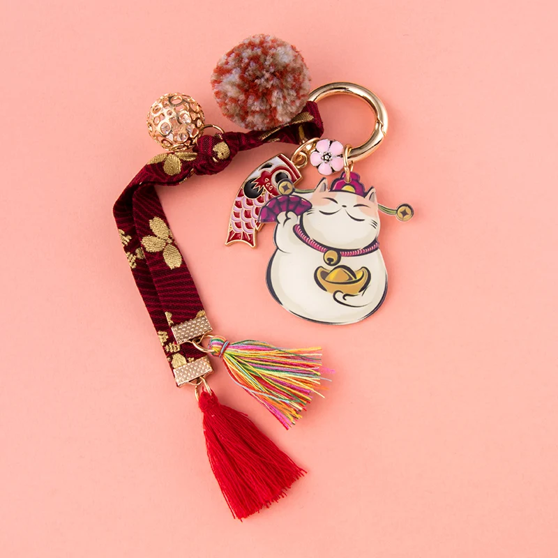 Pendentif porte-clés chat porte-bonheur, dragonne créative, voiture, sac d'école féminin mignon, ornements d'anneau, lanière de clé de couple de dessin animé, accessoires