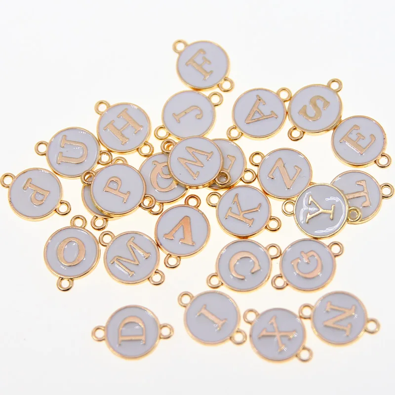 10/26pcs/lot White Double hanging ring Letter Charms Enamel For Jewelry Making Alphabet Initial Pendant For DIY Accessories