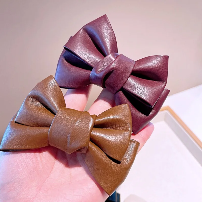 new style hairpin autumn and winter French retro pu leather bow hairpin temperament hair accessories bangs clip hair accessories