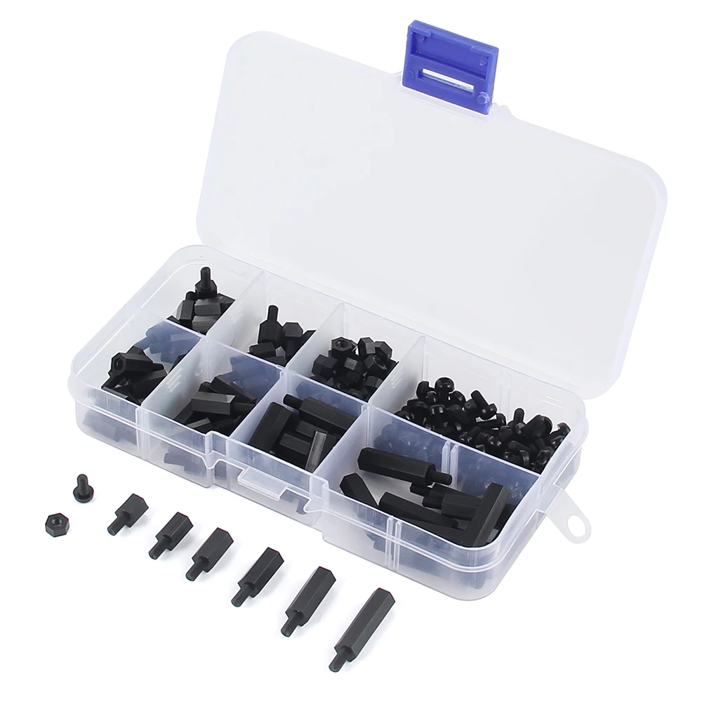 Useful 180Pcs/Set M3 Nylon Black M-F Hex Spacers Screw Nut Stand-off Assortment Box Kit Car Accessories