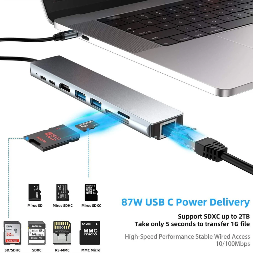 Imagem -02 - Usb c Hub Tipo-c 3.1 a 4k Hdmi-compatível com Rj45 Usb sd tf Leitor de Cartão pd Carga Rápida 8-em1 Doca Usb para Macbook ar Pro Hub