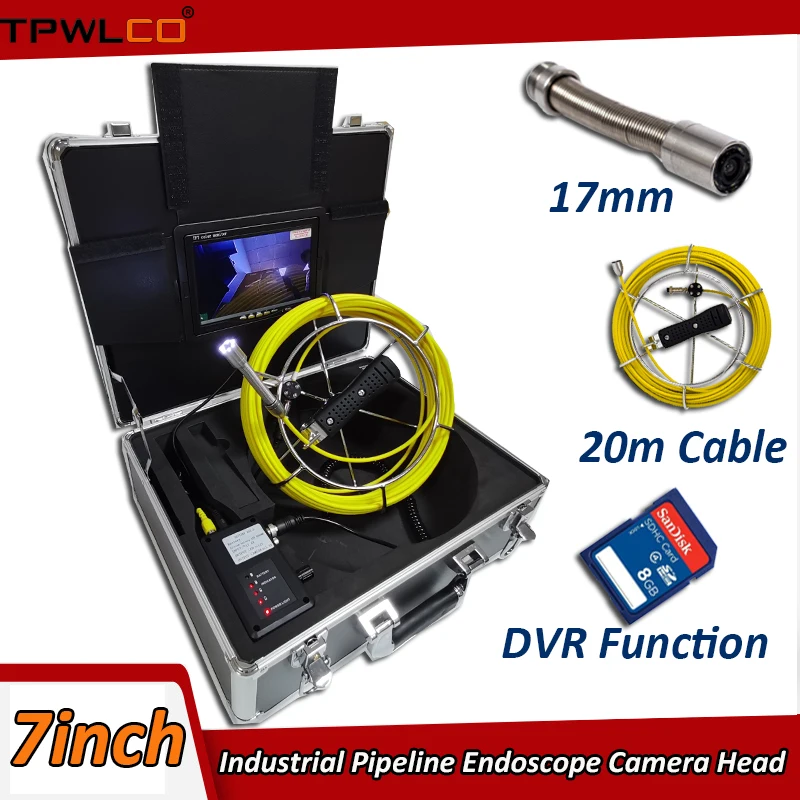 

20m Cable 7" Drain Sewer Equipment Inspection System With DVR Function Diameter 17mm Industrial Pipeline Endoscope Camera Head