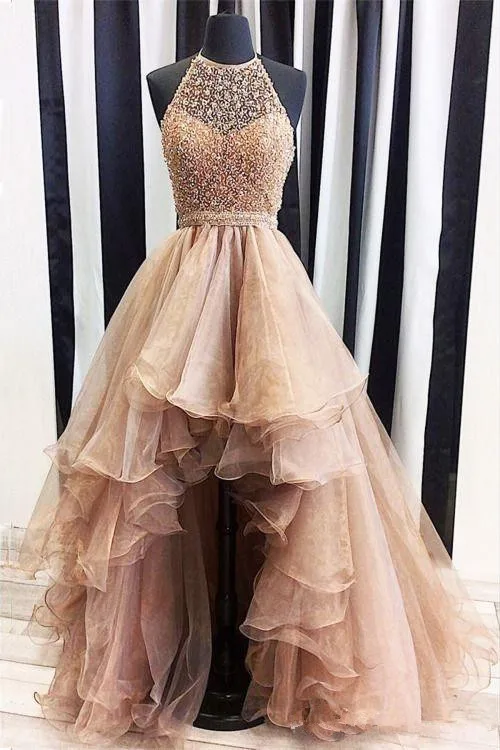 Vestido de baixo ouro 2019, foto real, casamentos, halter, contas, inchado, formal, festa especial, vestido de baile, feito sob encomenda