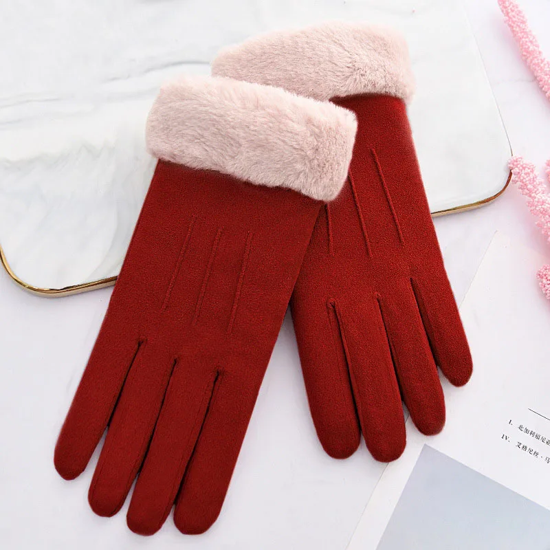 Women Winter Fleece Gloves Elastic Suede Fabric Touch Screen Warm Plush Lined Glove for Riding Driving Motor d88