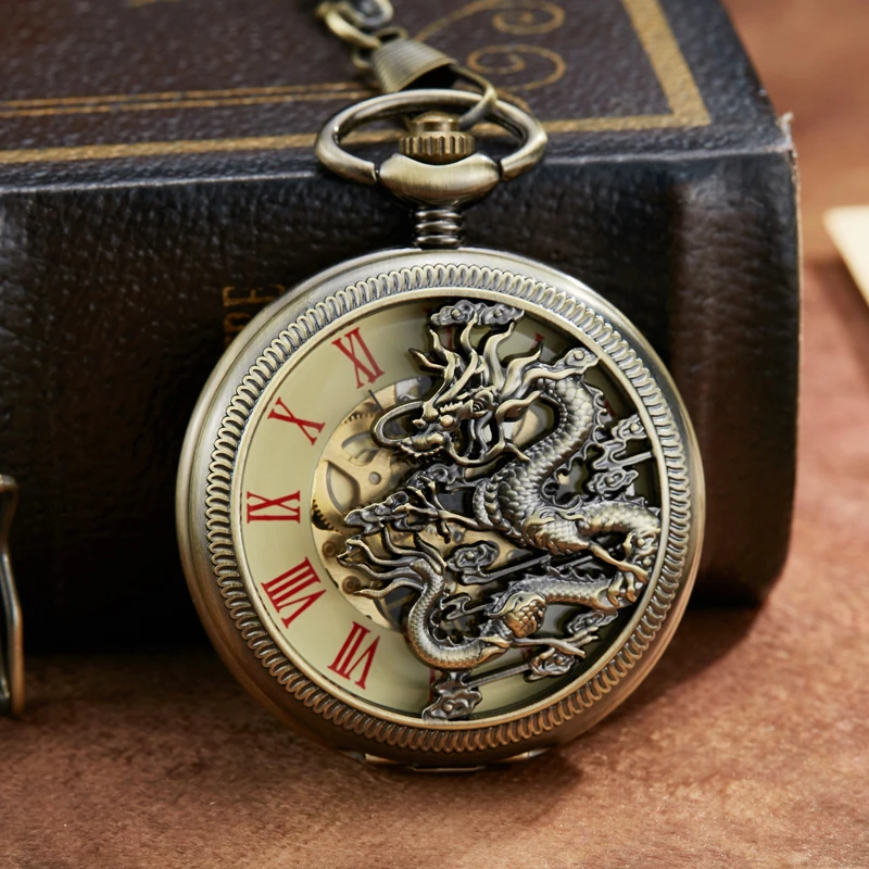 Retro Mechanical Pocket Watch Dragon Play Ball Steampunk Skeleton Hand-Wind Flip Clock Fob Watch with Chain Double Hunter Gift