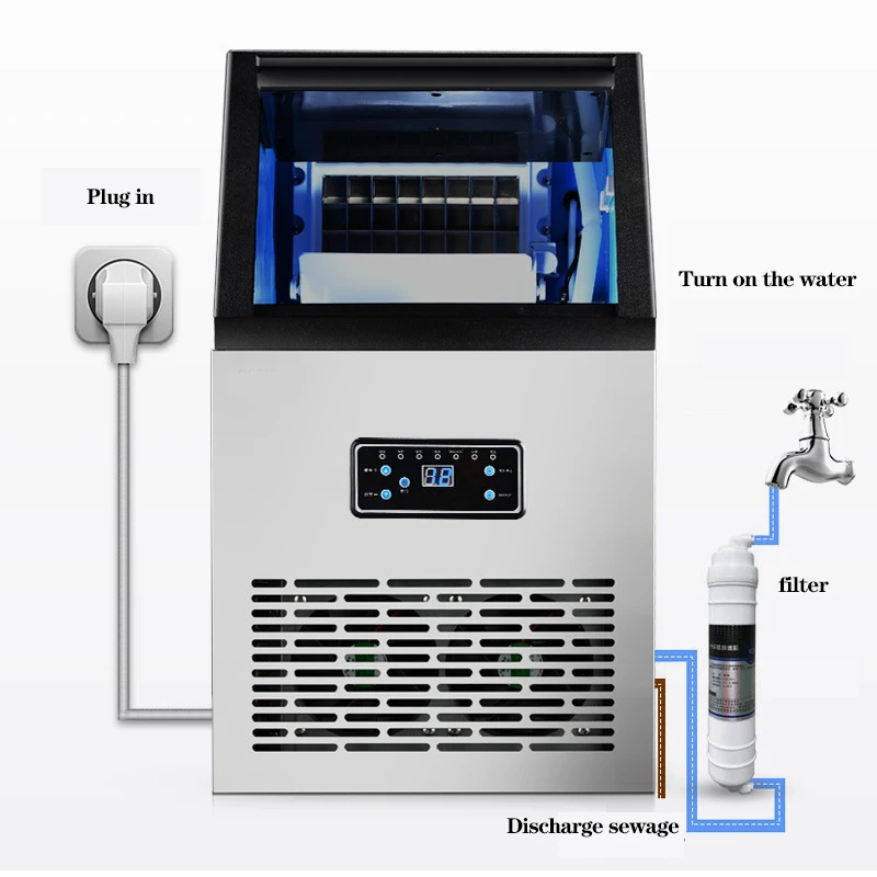 60กก./24H Commercial Ice สแควร์เครื่องทำน้ำแข็งอัตโนมัติเครื่องทำน้ำแข็งบาร์ร้านกาแฟนมชา Shop Ice Maker