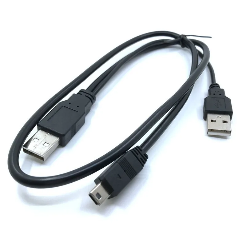 USB2.0 + USB 2.0 double A Type 2A Male to Mini 5 Pin Male Y Cable 0.7m 70cm 2ft For 2.5