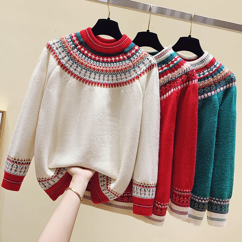 

Fashion women basic vintage sweater 2021 winter new Harajuku loose casual knitted round neck pullover sweater top clothes red