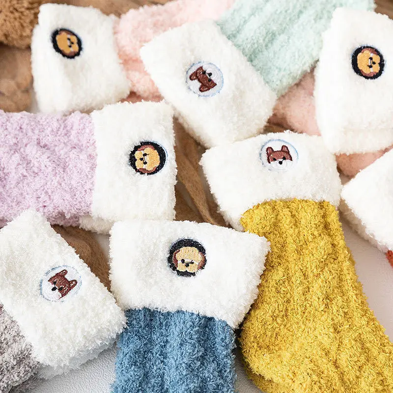 Winter Women Cute Embroidered Cartoon Animal Warm Fuzzy Socks Autumn Kawaii Dog Wool Coral Fleece Home Floor Sleep Fluffy Socks