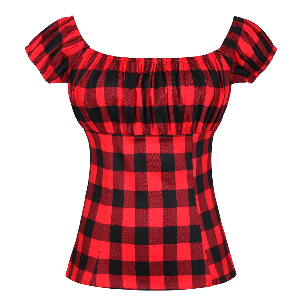 2024 Red Plaid Printed Slim Fitted Tops Women Summer Short Sleeve Workwear Office Lady Elegant Pin Up 50s 60s Rockabilly Tshirt