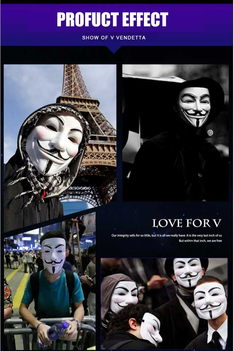 Hot Movie V For Vendetta Mask PVC Mask Cosplay Full Face Film Theme Vendetta Mask Hacker Halloween Grimace Masks Supplies Toys