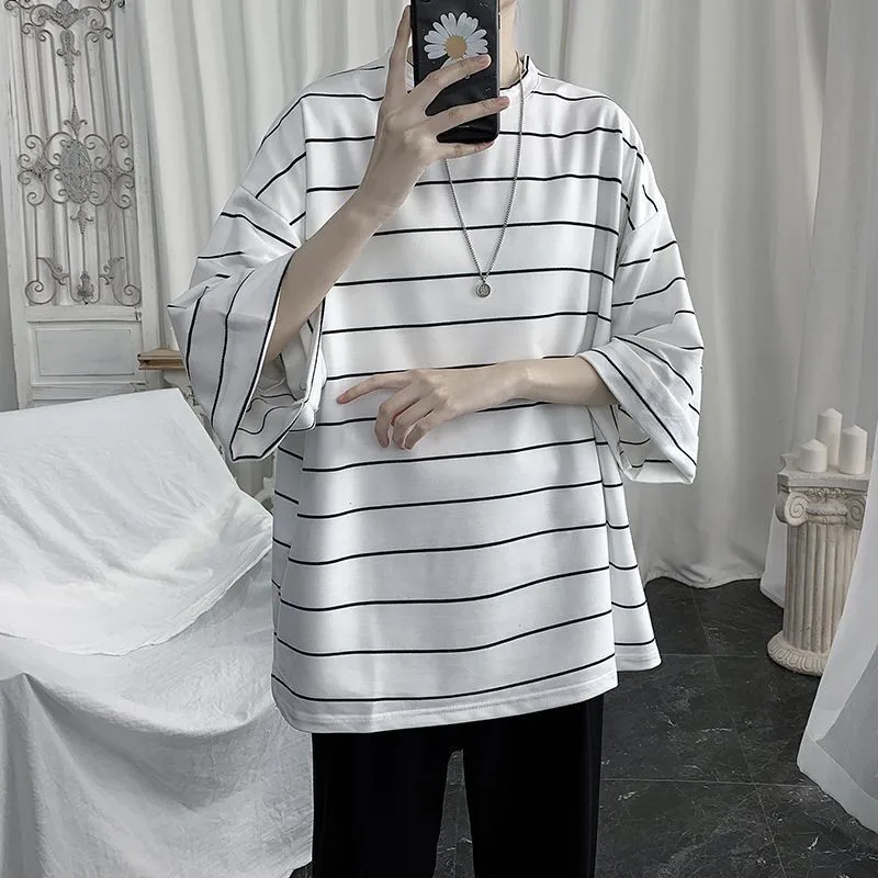 Cool Summer Oversized T-Shirt Men Funny Harajuku Tshirt Streetwear Femme Striped Japan Hip Hop Loose Half Sleeve T Shirts Male