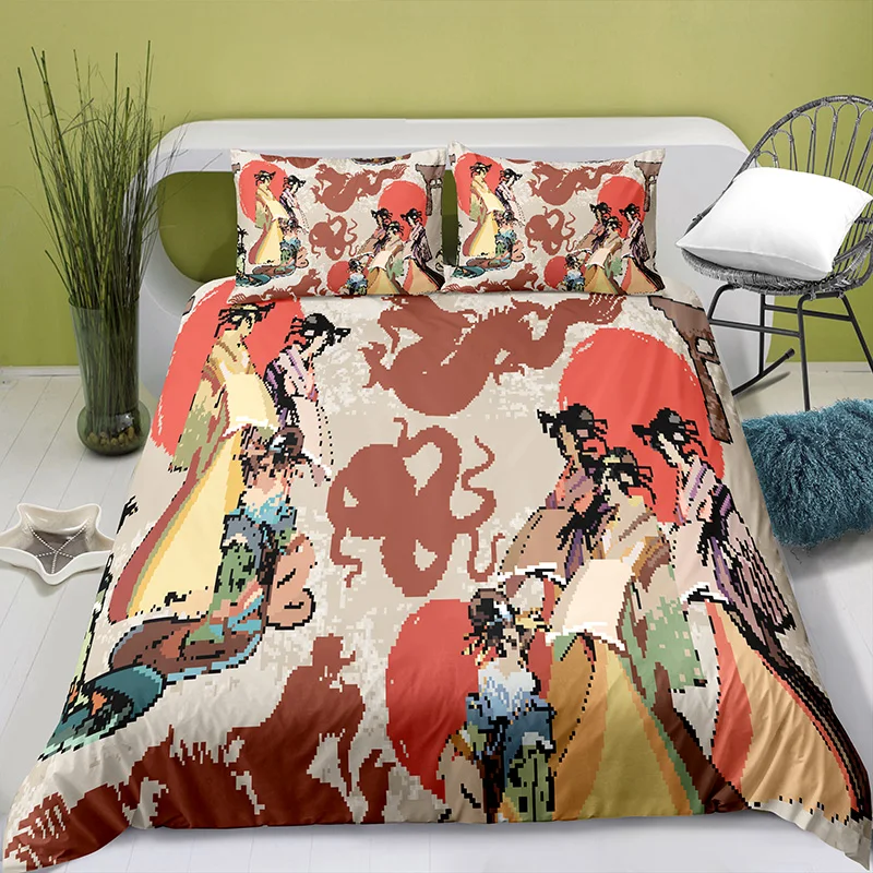 Printed Japanese Flower Arrangement  Bedding Quilt Cover & Pillowcase 2/3PCS US/AE/UE Full Size Queen Bedding Set Bedding Set