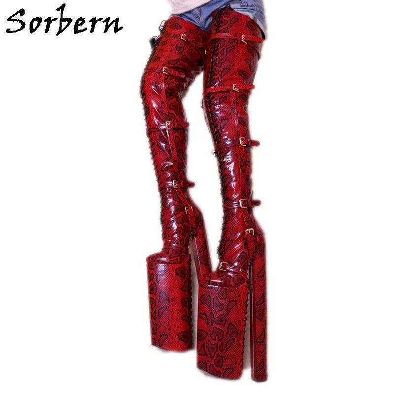 Sorbern 40cm Red Snake Crotch Thigh High Boots Women Buckle Straps Flock Winter Boots Super Long Block Chunky High Heels Custom