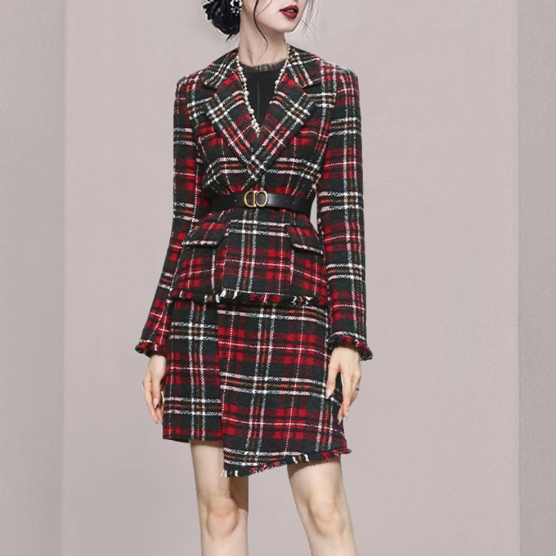 Luxury Design Tweed Women gonna Suit donna Plaid Red risvolto cintura Blazer giacca + nappa gonne irregolari Lady 2 pezzi Set