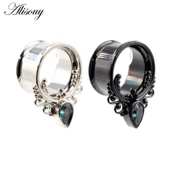 Alisouy 2pcs Punk Stainless Steel Water Drop Zircon Ear Tunnels Plugs Ear Expander Flesh Gauges Stretchers Body Piercing Jewelry