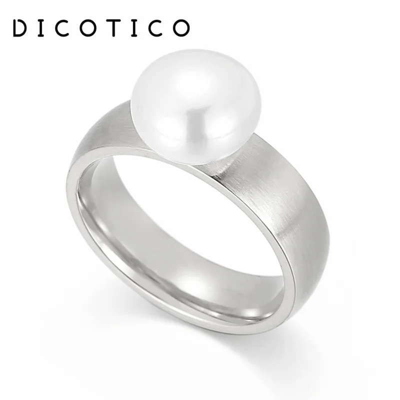 DICOTICO Women Stainless Steel Brushed Rings Shell Imitation Pearls Rings For Women Fashion Weeding Bands Mujer Anillos Jewelry