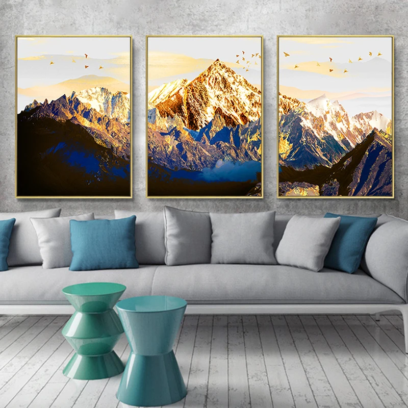 Modular Pictures Poster Wall Art 3 Pieces Golden Snow Mountain Abstract Canvas Home Decor Landscap Prints Painting Living Room