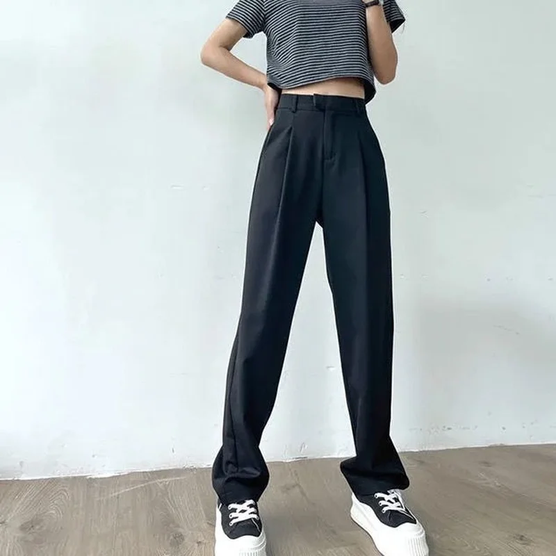 Women\'s Suit Pants Draping Spring Autumn High Waist Casual Business Dress Pants Loose Straight Mopping Pants Wide Leg Pants Grey