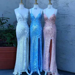 YQLNNE Beauty Long Sequined Prom Dresses Mermaid Sexy Straps Flowers Appliques Left Slit Backless Floor Length Party Gown