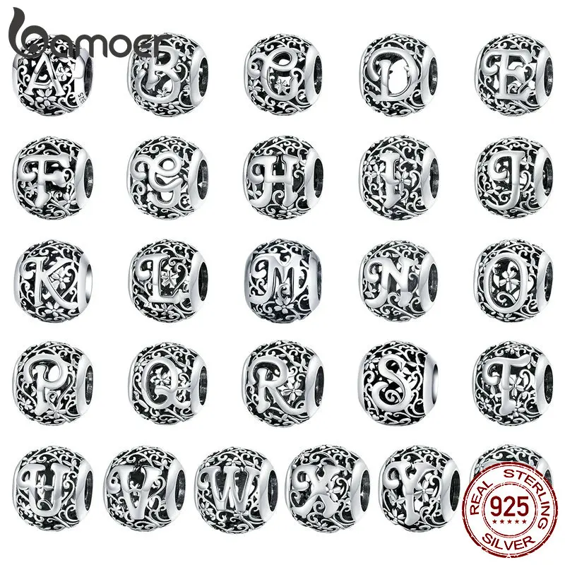 BAMOER 925 Sterling Silver Letter Retro Charms Openwork Alphabet Round Beads fit for Charm Bracelet SCC1444