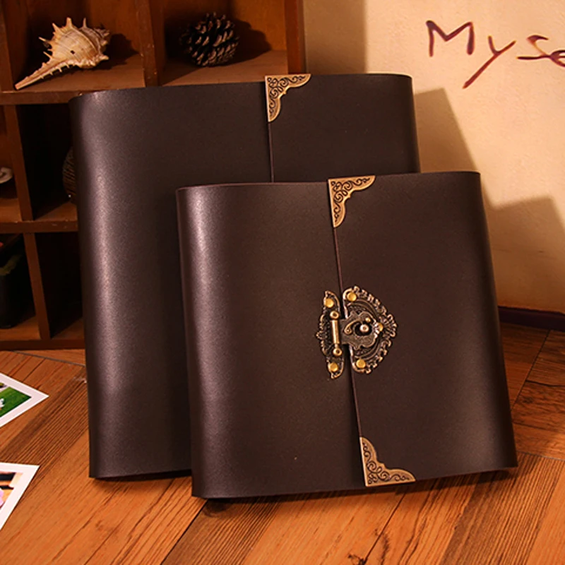 Leather lock Wedding Guest Book/black scrapbook album gift set/400gsm leather photo album book baby large capacity