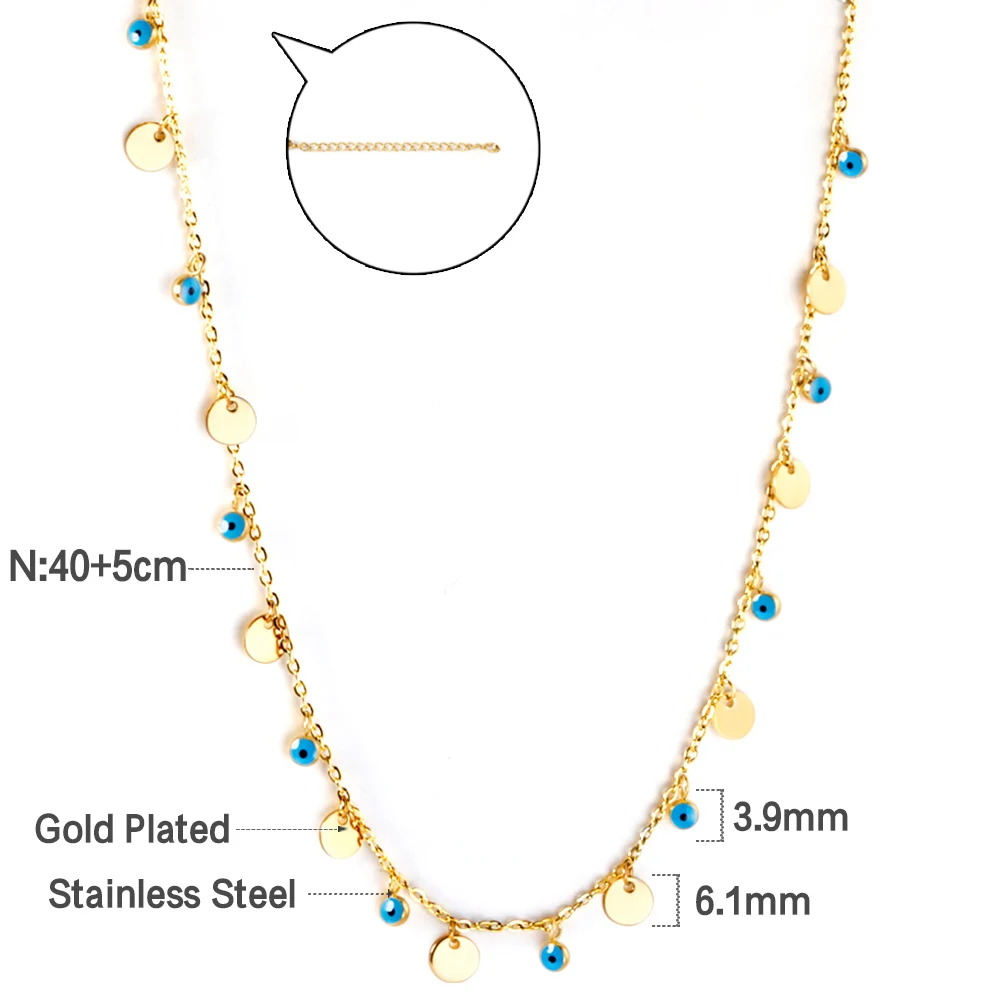 LUXUSTEEL Stainless Steel Round Coin Blue Evil Eye Pendant Necklaces Collars For Women Trendy Fashion Choker Wedding Wholesale