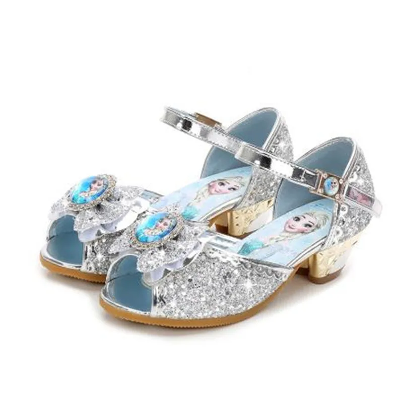 Hot Frozen Elsa And Anna Girls Sandals With Glitter Bow Disney Princess Elsa Party Shoes Kids Dress Shoes