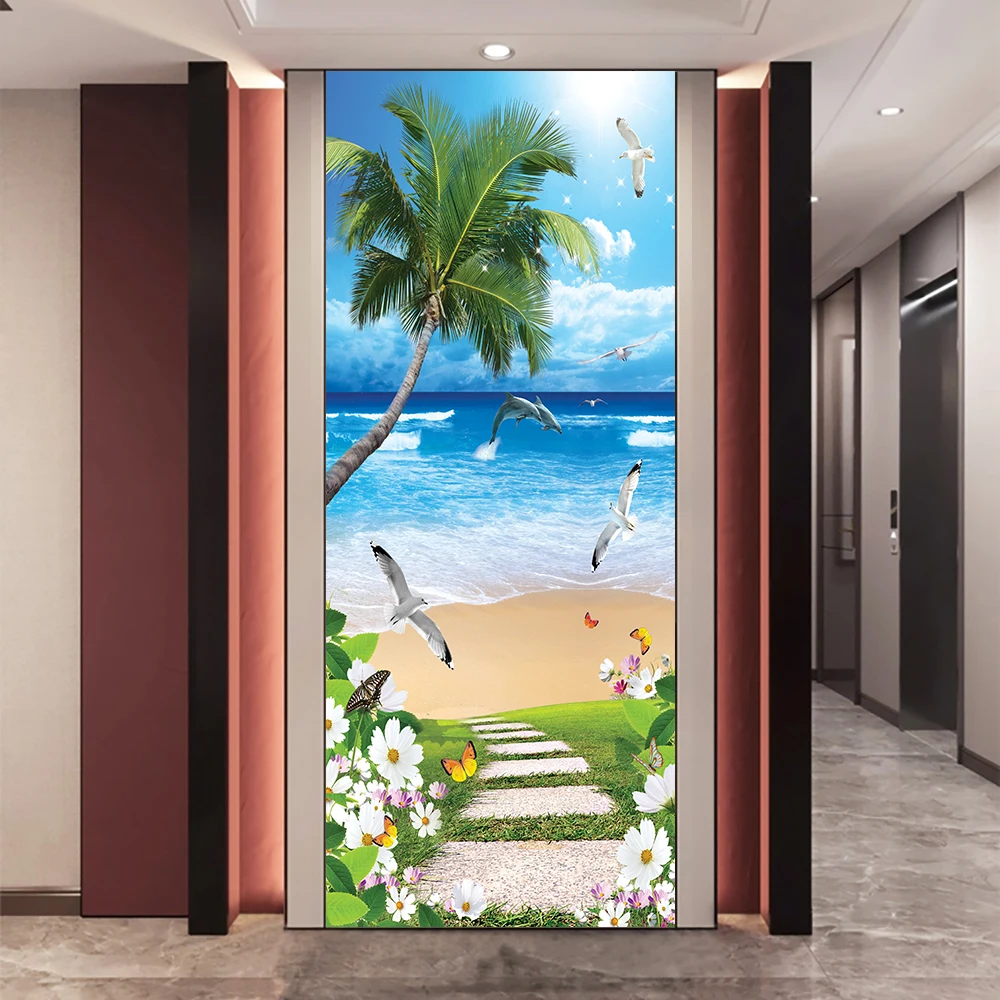 Hawaiian Island Scenery DIY Door Sticker Home Decoration Wall Stickers Kitchen Porch Art Mural Peel & Stick Waterpoof Wallpaper