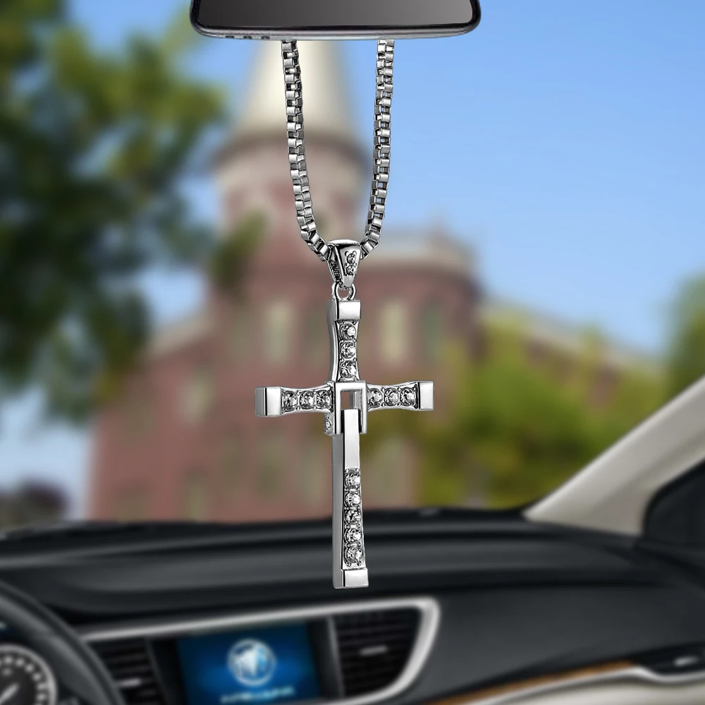 Crystal Metal Christian Cross Automobile Car Rearview Mirror Decoration Hanging Ornament Auto Interior Decor Pendant Car Cross