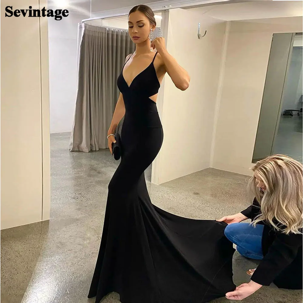 

Sevintage Black Mermaid Long Evening Dresses 2022 Sexy V-Neck Cut-Out Formal Party Gowns For Women Prom Drss Simple Club Outfit