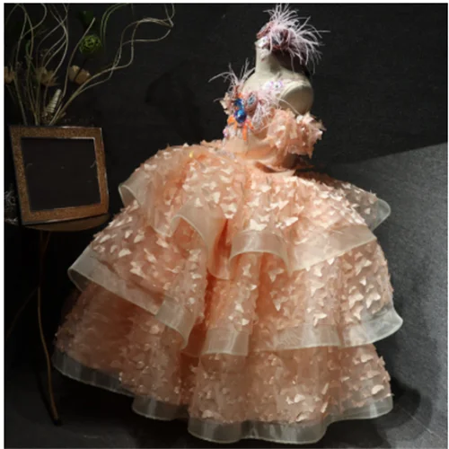 Robe longue à fleurs pour filles de 1 à 14 ans, haute qualité, col transparent, motifs papillons faits à la main, vêtements d'anniversaire pour enfants, 100% vrai