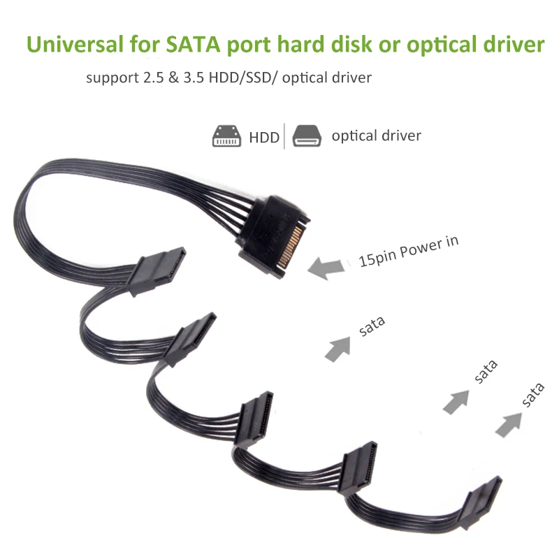 Lingable 10pcs SATA 15Pin 1 to 5 SATA 15Pin Hard Drive Power Supply Splitter Cable Cord for DIY PC Sever 15-pin SATA power 60CM