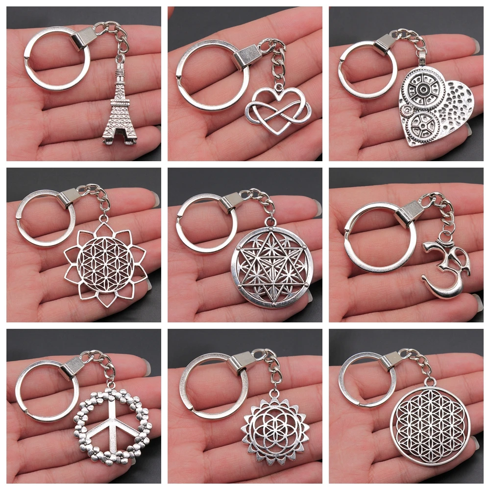 New Fashion Men 30mm Keychain DIY Metal Holder Chain Vintage Tower Carved Heart Flower Of Life Pendant Keyring Souvenir Gift