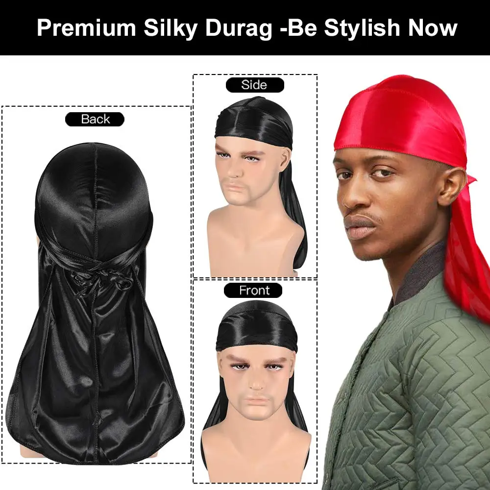 Solid Color Silk Satin Durag Headwear Soft Long Tails Headbands Turban Waves Cap Headwrap Hats Beanie For Men Hair Accessories