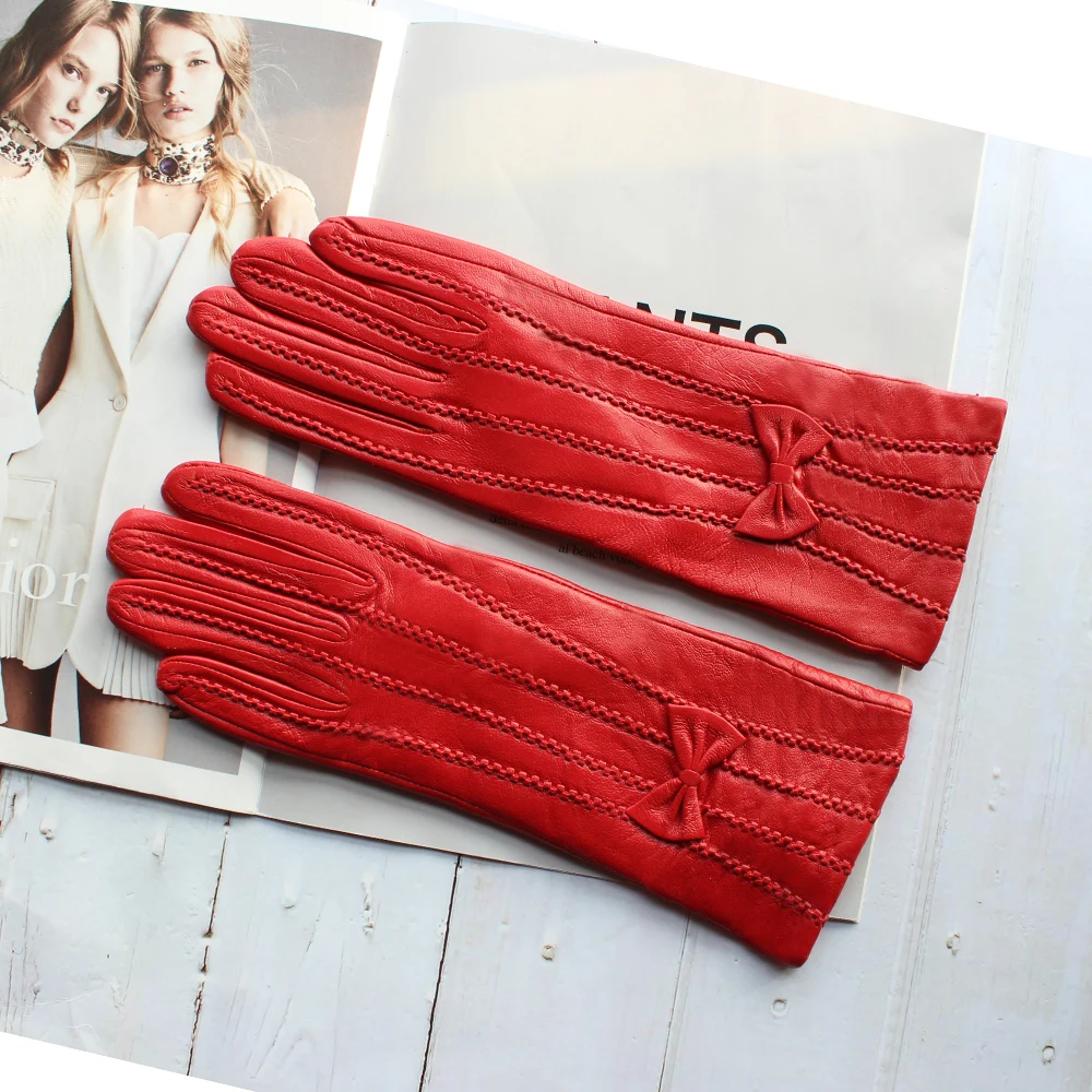 New Style Leather sheepskin gloves women\'s mid-length stripes plus velvet warm autumn and winter windproof free shipping