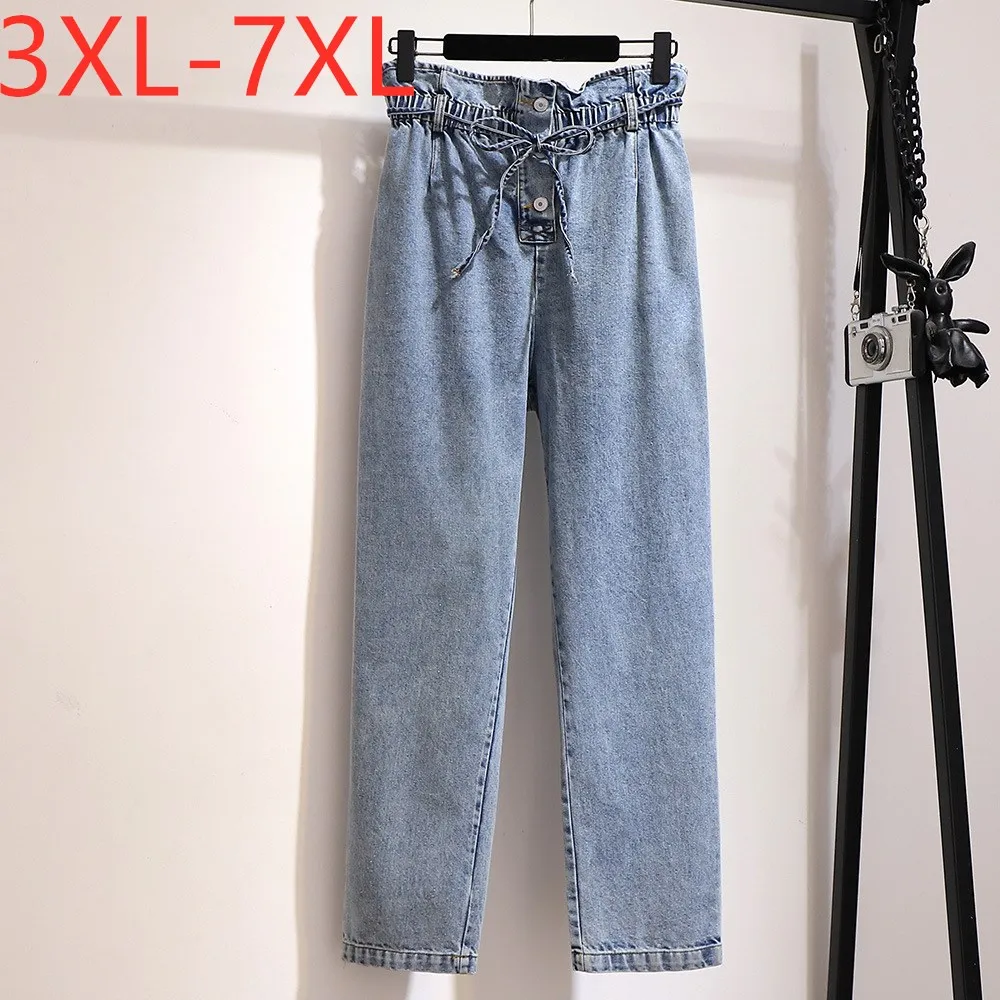 

New 2021 Spring Autumn Plus Size Women Clothing Long Jeans Large Loose Straight Cotton Belt Blue Denim Pants 3XL 4XL 5XL 6XL 7XL