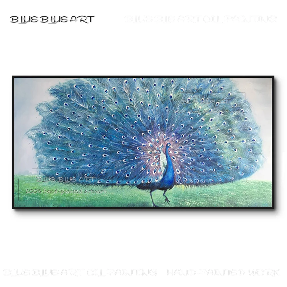 Big Size Hand-painted High Quality Beautiful Animal Peacock Opening Feather Oil Painting on Canvas Blue Art Peacock Oil Painting