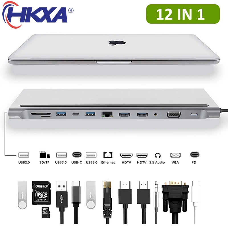 

Переходник USB Type-C/HDMI, 4K, VGA, RJ45, Lan, Ethernet, SD, TF, USB-C, 3,0, штекер 3,5 мм, для MacBook Pro