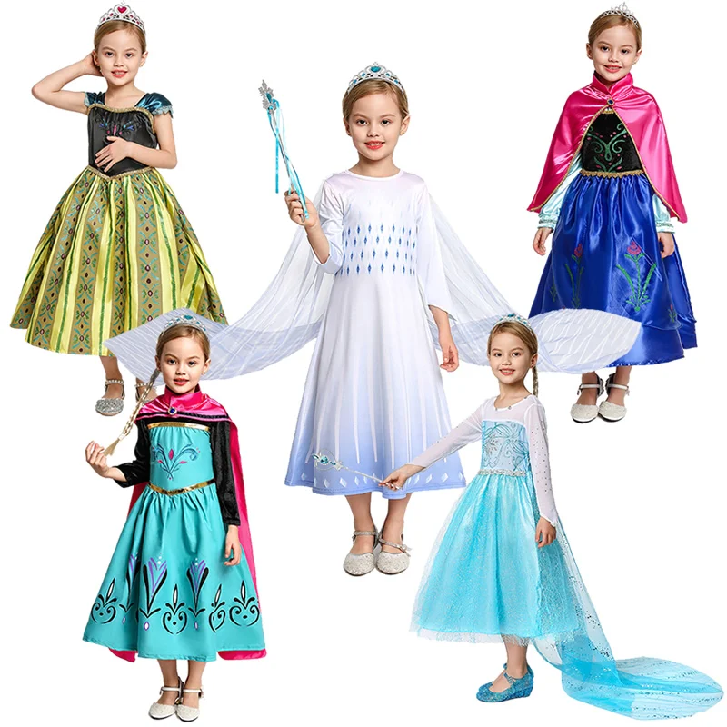 

MUABABY Girl Elsa And Anna Fall Princess Coronation Dress Kids Carnival Costumes Baby Girl Halloween Party Outfits Children Gift