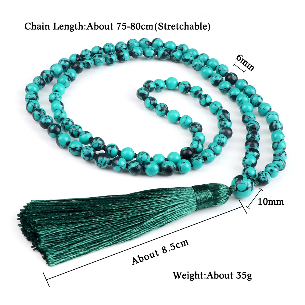 Fashion 108 Mala Beads Buddhist Necklaces Natural Stone 6mm Bohemian Knotted Long Tassel Necklace Yoga Meditation Bangle Jewelry