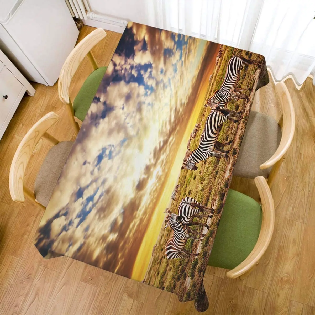 African Landscape Tablecloth Zebras Herd on Savanna at Sunset Decorative