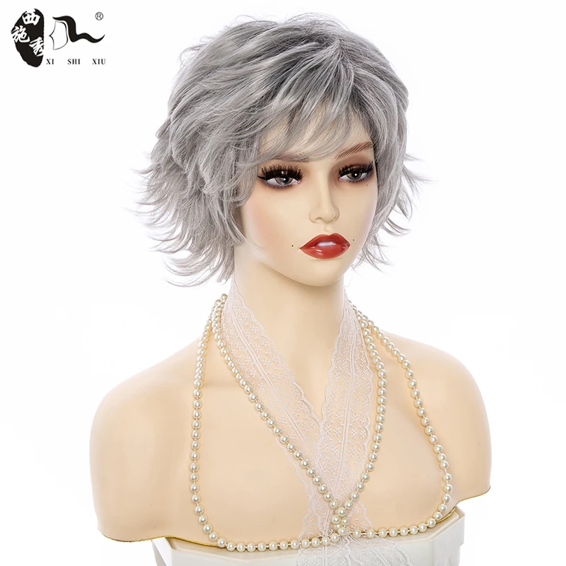 Short Mixed Gray Synthetic Wig With Bangs Natural Wavy Hair Heat Resistant Fiber Puffy Layered Hair Daily Use Wigs XISHIXIUHAIR