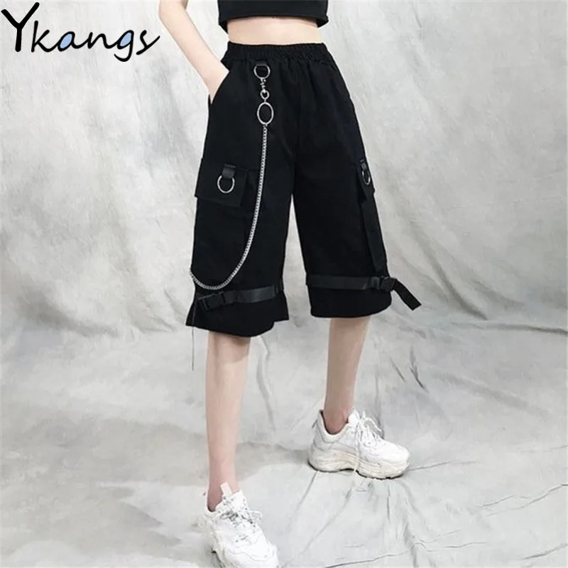 

Harajuku Streetwear Women Casual Harem shorts With Chain Solid Black Cargo Gothic Cool Fashion Hip Hop Long Trousers Capris