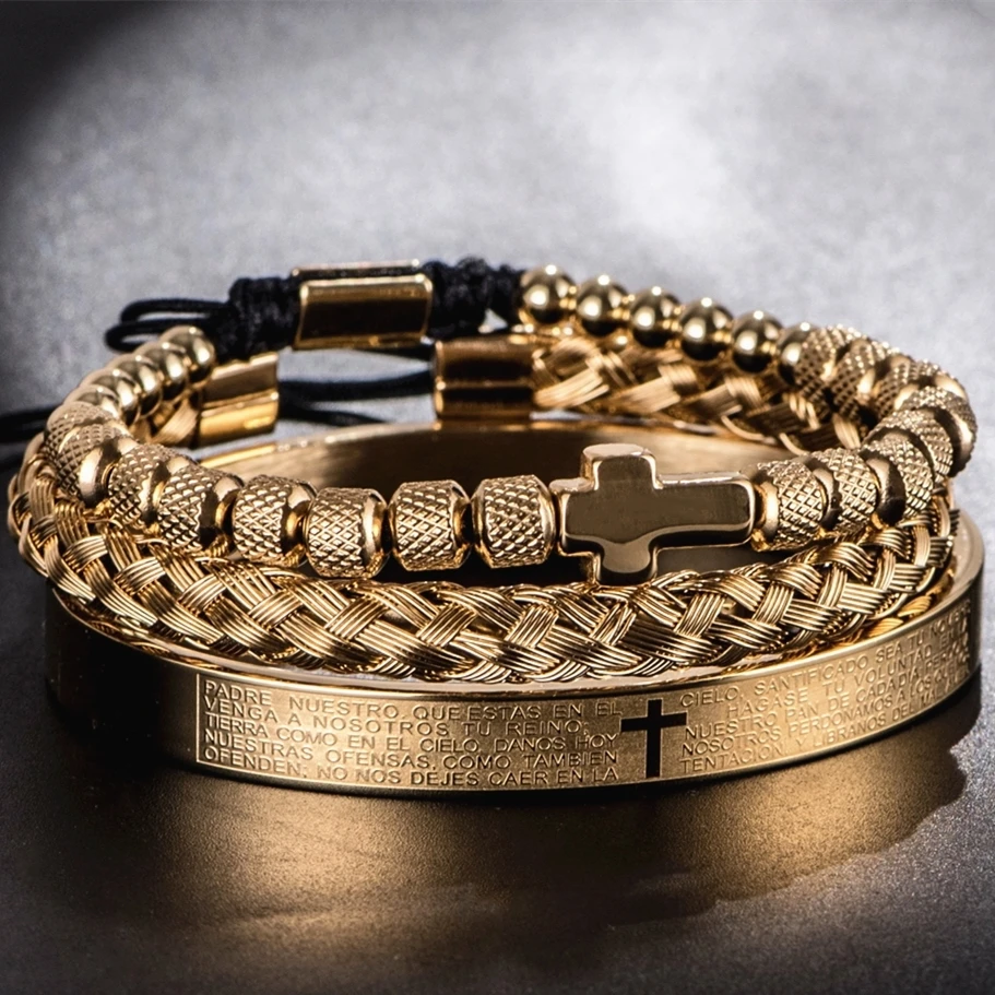 Luxury Set Stainless Steel Beads Bracelet Cross Hip Hop Men Jewelry Charm Open Brangle Carving Spanish Scripture DropShiping