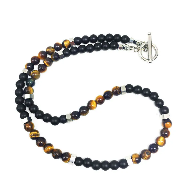 Natural Stone Beads 6mm Frosted Black Onyx Lava Yellow Tiger Eye Map Stone Necklace OT Buckle Hexagonal Accessories for Jewelry